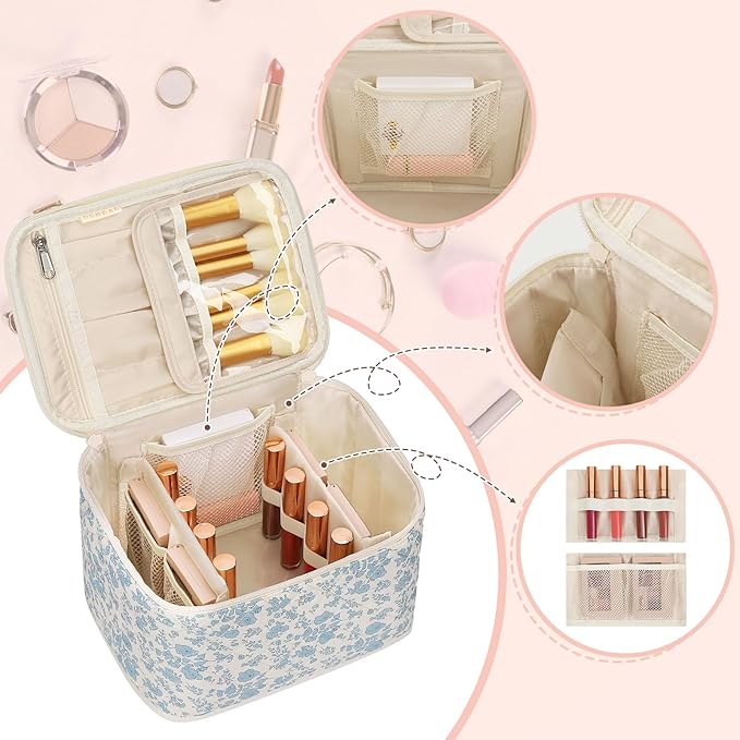 OCHEAL Travel Makeup Bag, Cosmetic Bags for Women Makeup Case Organizer Large Capacity Travel Toiletry Bag Storage Bags with Divider and Handle for Cosmetics Toiletries Brushes Tools-Blue Floral