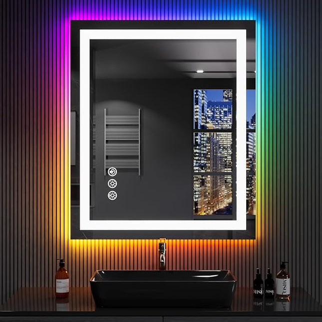 LOAAO 24"X32" LED Bathroom Mirror with Lights, Anti-Fog, Dimmable, RGB Backlit + Front Lighted, Bathroom Vanity Mirror for Wall, Memory Function, Shatter-Proof, Tempered Glass