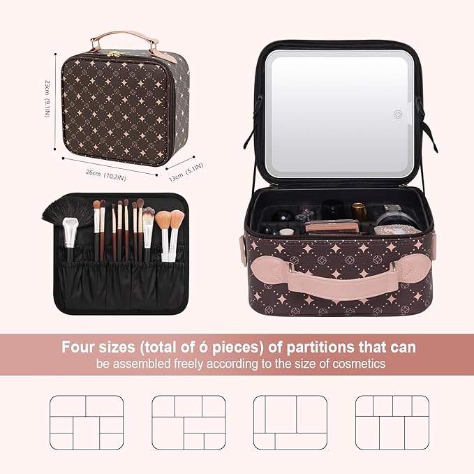 Travel Makeup Bag With 360° rotating LED Mirror,Waterproof cosmetic organizer,Portability Cosmetic case,Makeup organizer,Gift for Women,Girls Gift (Coffee + Pink)