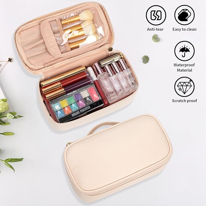 OCHEAL Small Makeup Bag,Portable Cute Makeup Pouch Travel Bag for Women and Girls with Makeup Brush Compartment Organizer cosmetics Bags-Beige