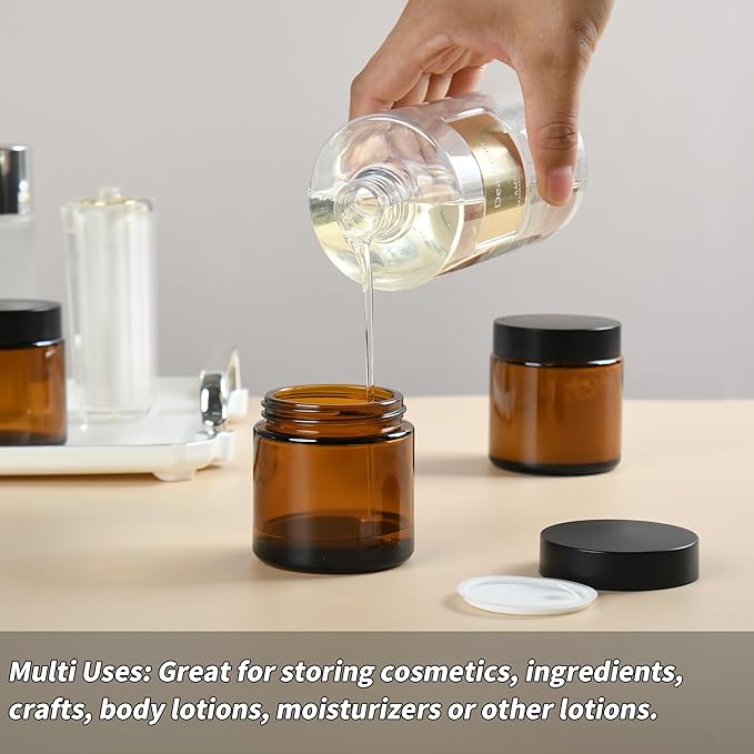 4 oz Reusable Amber Glass Container Jars 24 Pack with Wide-mouth Leak Proof Cap and Inner Pull-On Lid for Travel Storage Makeup, Face Creams, Body Lotions, DIY Crafts or Others