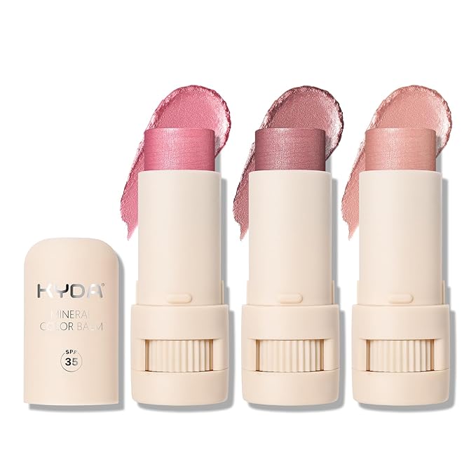 KYDA 3 Colors Mineral Color Balm, SPF 35, Buildable Shimmer Color for Lip and Cheek, Shimmer Cream Blush Stick, Lightweight Blendable, Multiuse Makeup Balm, PINK+ROSE+BLUSH