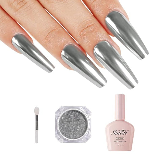 Imtiti Silver Chrome Nail Powder Kit,1g Silver Meatllic Mirror Effect Powder with 10ml White Color Gel Polish Metal Nail UV DIY Kit