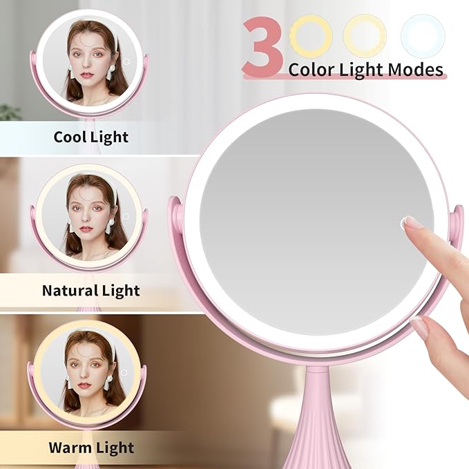 Makeup Mirror with Lights, 1X/10X LED Magnifying Vanity Mirror, HD Lighted Mirror for Desk, 3 Color Lights Adjustable Brightness, 360° Rotation 2-Sided 7.6" Dorm Room Mirror, Women Birthday Gifts