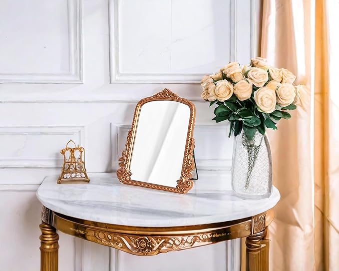 Rose Gold Makeup Mirror, Small Standing Vanity Desk Mirror Decorative Ornate Arched Desk Mirror with Carved Wood Frame, for Bedrooms,Living Rooms Table Top and Salon 11.8" x 9.6"
