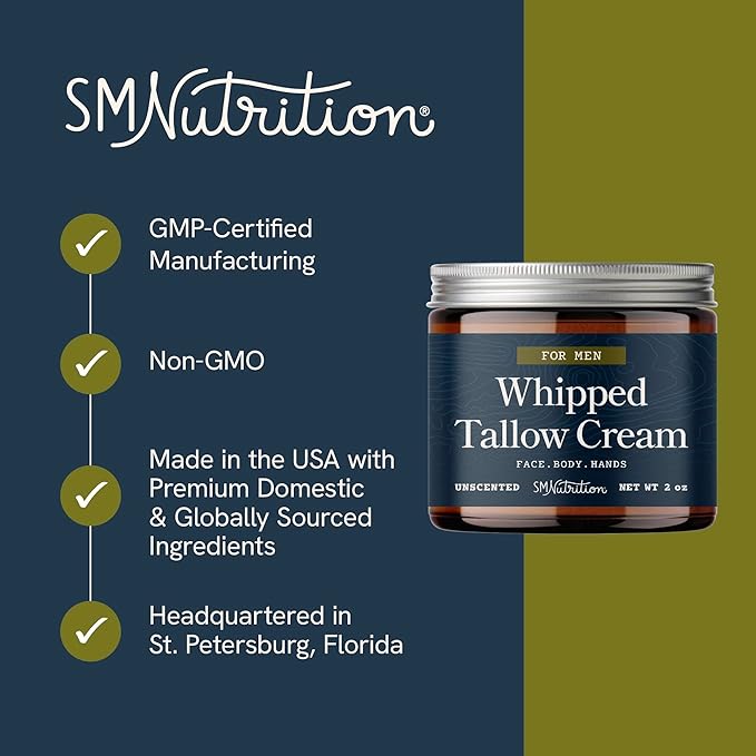 Whipped Beef Tallow Cream for Men | Face & Body | Beef Tallow for Skin Health & Barrier Support | Unscented | Whipped Men’s Moisturizer Cream with Beeswax | Grass-Fed, Cruelty-Free & Non-GMO | 2 oz