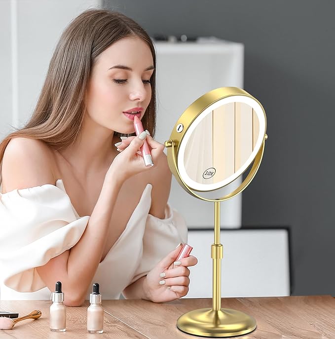 Gospire 7" Lighted Makeup Mirror with Magnification 10X/1X, Height Adjustable & 3 Color Dimmable Lights, 360° Swivel Double Sided Light up Rechargeable LED Cosmetic Vanity Cordless Standing Mirror