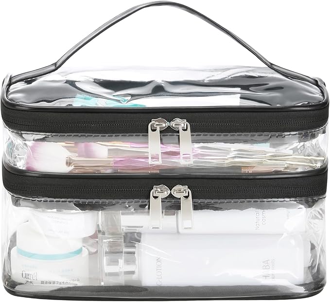 HAOGUAGUA Double Layer Clear Cosmetic Bag Makeup Bag, Waterproof Travel Toiletry Bag, Transparent PVC Pouch Organizer (Black-large)