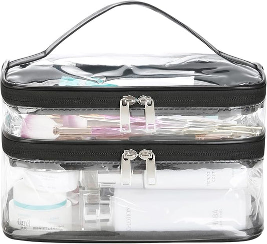 HAOGUAGUA Double Layer Clear Cosmetic Bag Makeup Bag, Waterproof Travel Toiletry Bag, Transparent PVC Pouch Organizer (Black-large)