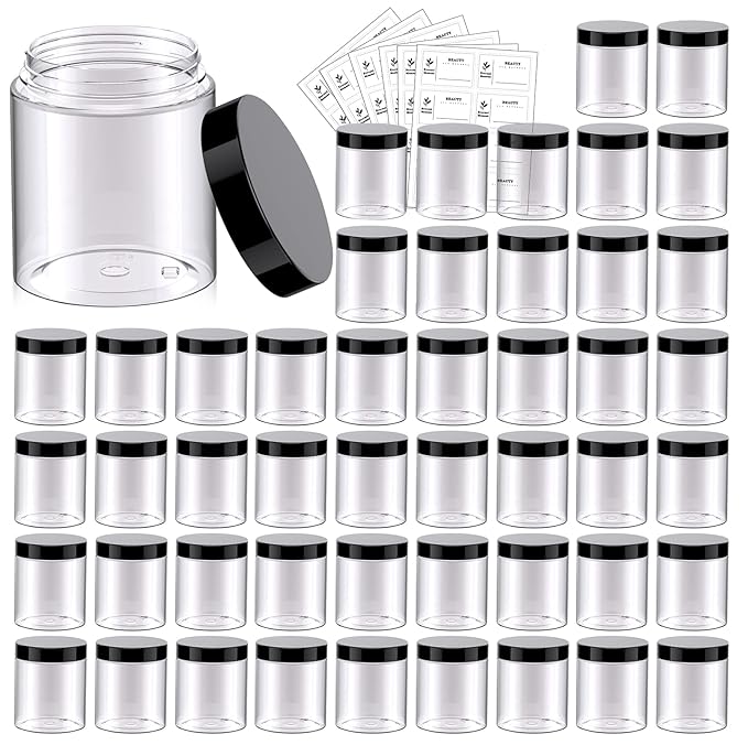 48 Pack 8 OZ Plastic Jars Round Clear Cosmetic Container Jars with Lids, Eternal Moment Plastic Slime Jars for Lotion, Cream, Ointments, Makeup, Eye shadow, Rhinestone, Samples, Pot, Travel Storage