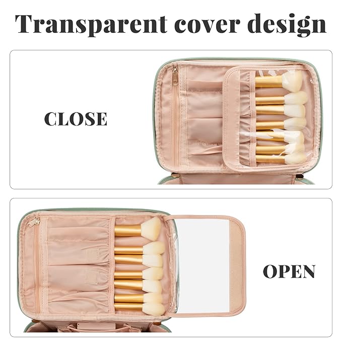 OCHEAL Makeup Bag, Portable Cosmetic Bag, Large Capacity Travel Case Organizer, Black Makeup Bags For Women Toiletry Bag for Girls Traveling With Handle and Divider-Light Green Large