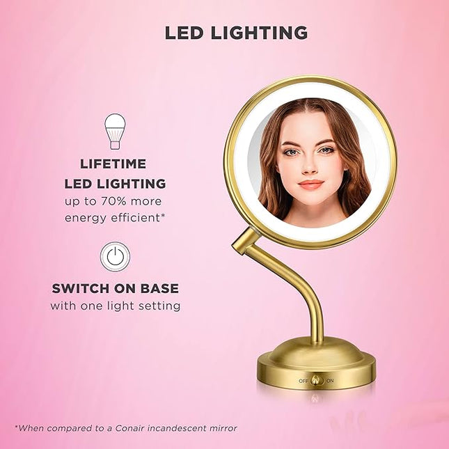 Conair Lighted Makeup Mirror, LED Vanity Mirror, 1X/5X Magnifying Mirror, Battery Operated in Brushed Brass