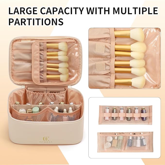 OCHEAL Beige Makeup Bag,Travel Makeup Organizer Bag, Large Capacity Cosmetic Bags For Women Large Travel Toiletry Bag Girls Traveling With Brush Slot And Divider-White