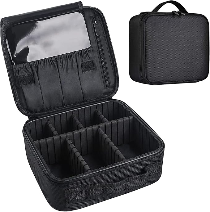 Travel Makeup Case, Cosmetic Train Case Organizer Portable Artist Storage Makeup Bag with Adjustable Dividers for Cosmetics Makeup Brushes Toiletry Jewelry Digital Accessories - Black