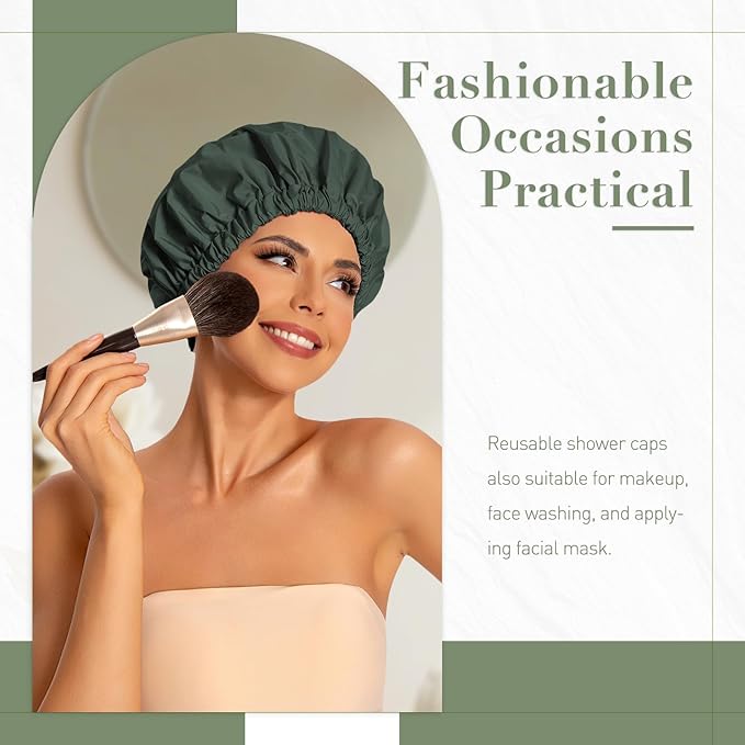 Reusable Shower Cap for Women, Large Waterproof Shower Essentials Bonnet Washable Elastic Band Bath Hair Wrap Hat for Long Hair, Braids(Dark Green)