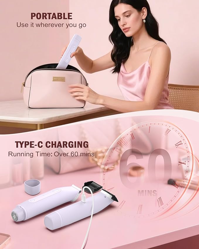 2 in 1 Women Electric Shaver - Dual Head Bikini Trimmer for Women Waterproof Wet & Dry Use Body Hair Trimmer and Facial Hair Remover, Painless Razors for Bikini Underarm Leg Arm Body Face, Purple