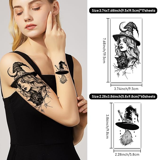 77 Sheets Halloween Temporary Tattoos, Witch Makeup Kit, Scary Witch Hat Cat Skull Bat Crow Black Moon Horro Half Arm Fake Tattoo Stickers for Adult Women Boy Girl