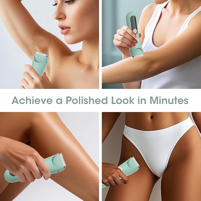 Lanumi Bikini Trimmer Women Rechargeable Body Hair Trimmer Electric Shaver Pubic Hair Grooming Kit with Charging Dock IPX7 Waterproof Wet/Dry Use (Green)