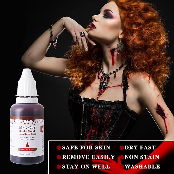 MEICOLY 2.1Oz Halloween Dripping Fake Blood,Safe Realistic Washable Edible Liquid Blood Sangre Falsa with 0.7 Oz Cleaning Soap,Squirt Blood for Clothes,Zombie Vampire Monster,SFX Cut Wound Makeup,Dark