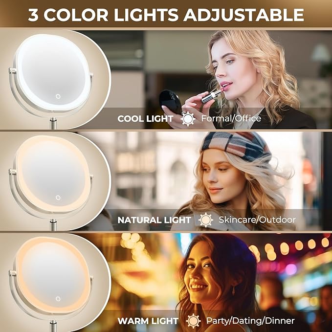 9" Wall Mounted Lighted Makeup Mirror, 3000mAh Rechargeable Double Sided 1X/10X Magnifying Mirror with Hook, 3 Color Lights Dimmable 360° Rotation Vanity Mirror for Bathroom