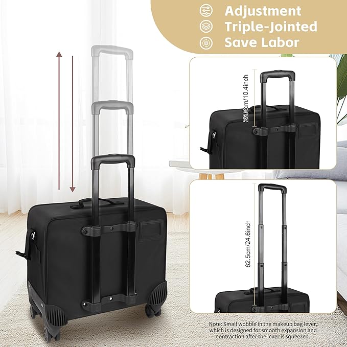 Rolling Makeup Bag Professional Makeup Artist Bags 4 in 1 Rolling Cosmetics Case Organizer Extra Large Trolley Travel Case with 360° Swivel Wheels and Adjustable Dividers