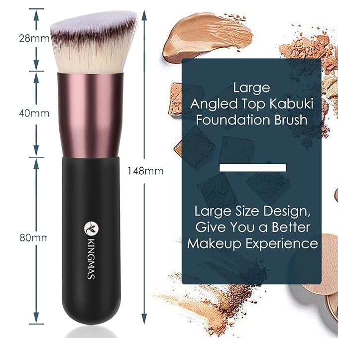 KINGMAS Angled Top Foundation Brush, Premium Kabuki Makeup Brush for Liquid, Blending, Cream, Powder,Blush Buffing Stippling Face Makeup Tools Black