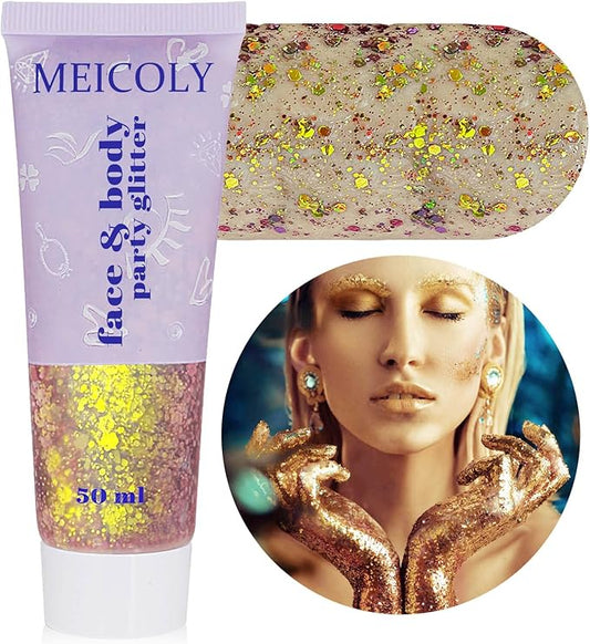 MEICOLY Chameleon Gold Body Glitter,Mardi Gras Outfit for Women,Color Changing Face Glitter,Chunky Glitter Face Paint,Holographic Glitter Sequins for Face Body Hair,Festival Party Glitter Makeup,50ml