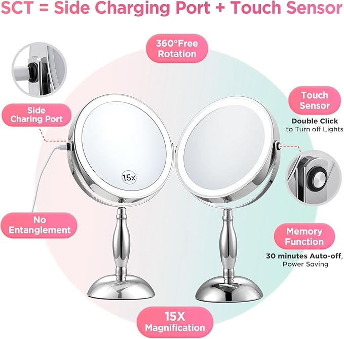 Lighted Makeup Mirror, Rechargeable 8" 3 Color Vanity Mirror, 15x Magnifying Mirror with Brightness Adjustable, 360° Rotation Double Sided Desk Mirror, STC- Side Charging & Side Touch Switch