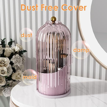 Makeup Brush Holder with Lid 360 Rotating Clear Dustproof Make Up Organizers for Vanity Bathroom Countertop, Pink