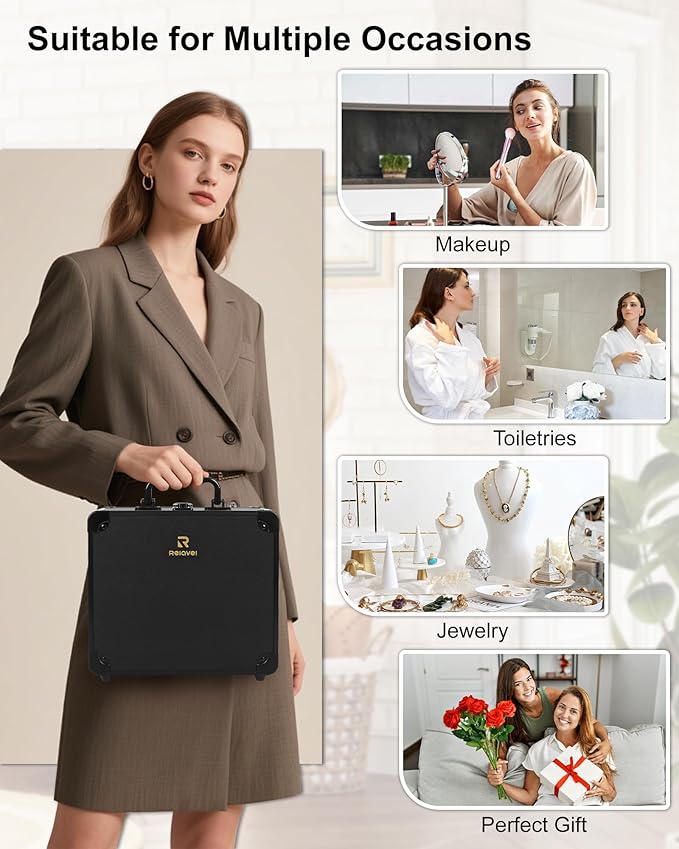 Chomeiu Makeup Bag with Mirror, Travel Train Case Large Cosmetic Organizer with 2 Trays and Vanity Mirror with LED Lights, Brush Holder Storage Box Suitcase for Nail Kits Cosmetics Craft, Black