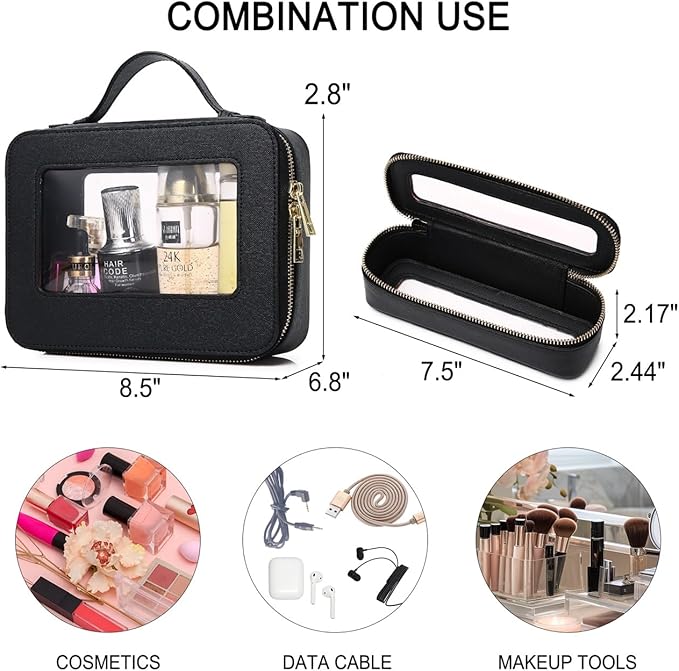 Pinkmik Travel Clear Makeup Bag with Brush Bag Portable Cosmetic Bag Case Transparent Toiletry Bag Cosmetic Organizer Storage Bag for Women (Black, L+SLIM)