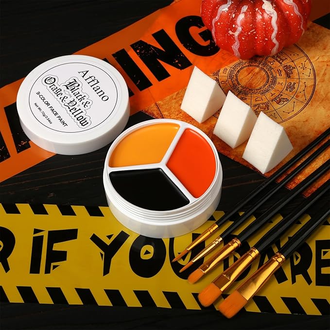 Black Orange Yellow Face Body Paint, Halloween Scarecrow Makeup Kit (3 Sponges + 5 Brushes), 9 Pcs Oil Based Non Toxic Face Painting Kit for Halloween Pumpkin SFX, Clown, Tiger, Lion, Fox, Costume Cos