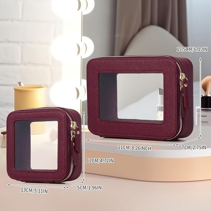 Pinkmik Clear Makeup Bag Waterproof Travel Case for Cosmetics and Toiletries Women's Purse Organizer and Clear Car Bag with Zipper (X/Burgundy, M+MINI)