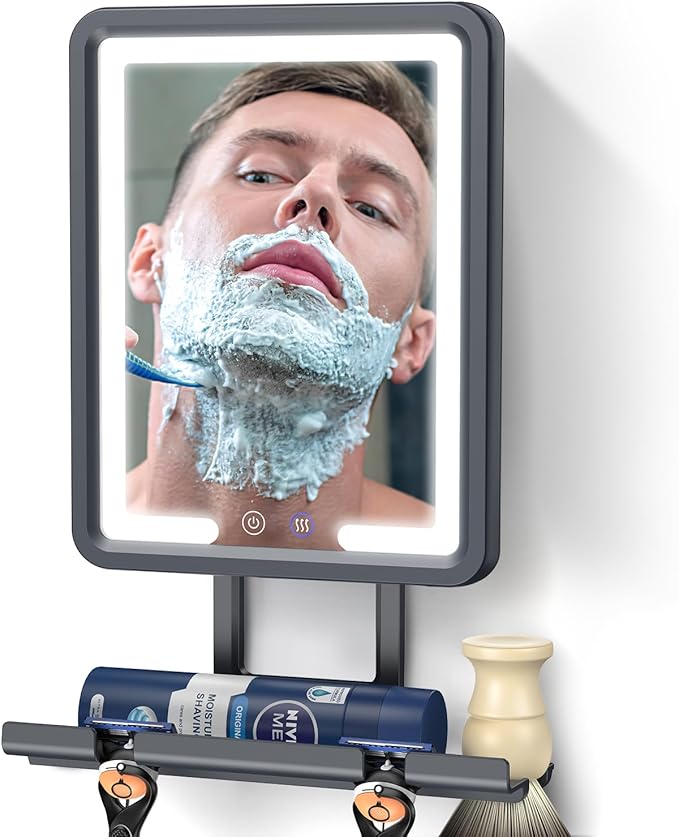 Lighted Shower Mirror Fogless for Shaving, Heated Fogless Shower Mirror with 3 Colors Stepless Dimmable Lights, Rechargeable Adjustable Shaving Mirror with Razor Stand, Brush Holder for Men