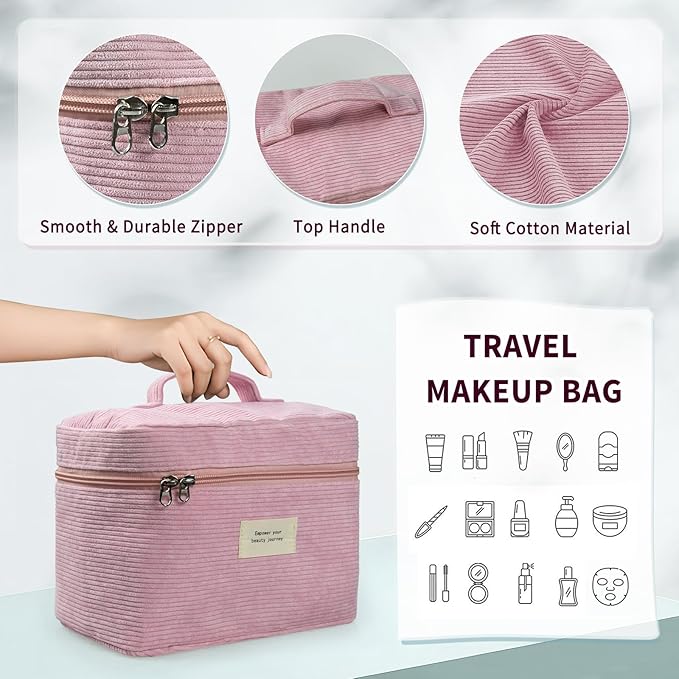 4 Pcs Makeup Bag for Women Corduroy Cosmetic Bag Aesthetic Cute Bags Multi Size Purse Pouch Travel Toiletry Bag Set Makeup Organizer with Zipper(Pink)