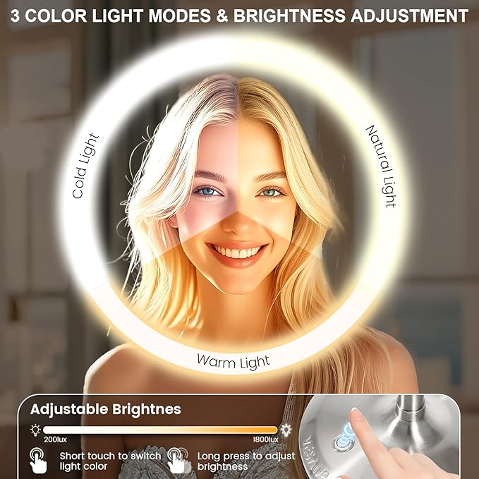 VESAUR 1X15X HD Lighted Makeup Mirror, 9" Large 5000mAh Rechargeable Double Sided Magnifying Mirror with 3 Touch Dimmable Light, 360°Rotation Detachable for Travel Vanity Mirror, Pearl Nickel, Gifts