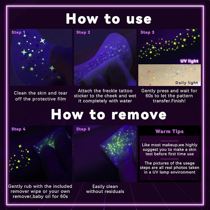 6pcs Rainbow Freckles Face Tattoo Sticker Glow under UV Light Blacklight in the Dark, Neon Fluorescent Glitter Colorful Star Fake Faux Freckle Temporary Patches Makeup for Party Supplies #01