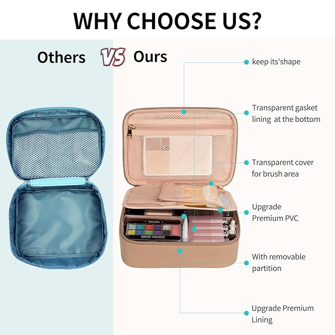 OCHEAL Makeup Bag, Cute Makeup Organizer Bag Potable Make up Bag for Toiletry Cosmetics Accessories with Divider and Brushes Compartments, Makeup Travel Case - Beige Apricot