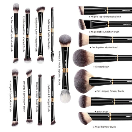 MAANGE Makeup Brushes 16Pcs Professional Foundation Powder Blush Contour Eyeshadows Double-End Makeup Brushes Set with Bag and Gift Box-Black