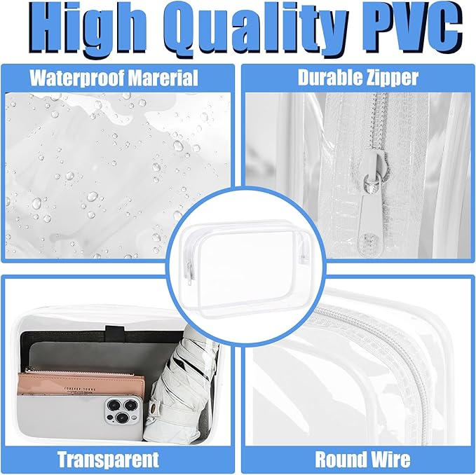 3 Pack Clear Makeup Bags, Waterproof Toiletry Bag with Zipper, Transparent Travel Cosmetic Bag, TSA Approved Clear Organizer Bags, PVC Cosmetic Pouch Case for Vacation Airport Airline Compliant