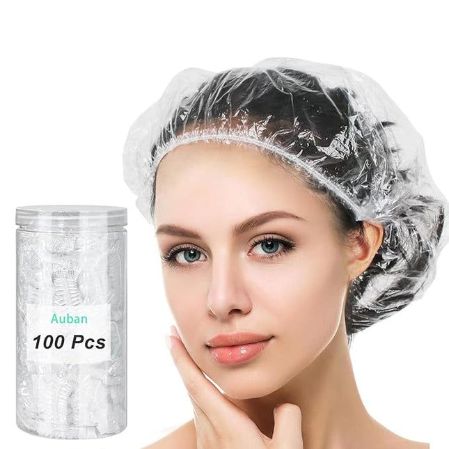 Auban Disposable Shower Cap, 100 PCS Hair Cap Thickening Clear Plastic Waterproof Bath Caps for Hair Treatment, Spa Salon Hotel and Home Use, Portable Travel(17.3)