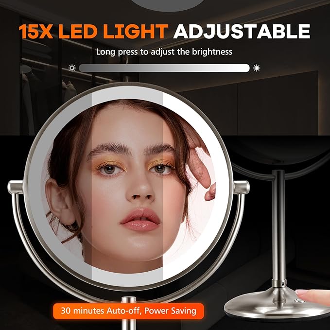 M MIVONDA Makeup Mirror with Lights,1X/15X Brushed Nickel Large Magnifying with Light, 360°Double Side Mirror,3 Color Lights & Adjustable Brightness Vanity Mirror,Gift for Christmas Day