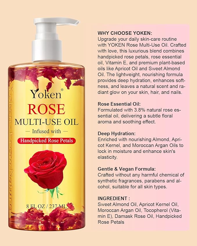 Yoken Multi-Used Body Oil For Skin,Face,Hair and Nails,Multi Purpose Organic oil With Rose Petals,Vitamin E & Almond Oil Nourishing & Hydrating,Body Oil for Moisture & Skin After Bath Oil,8 Fl Oz