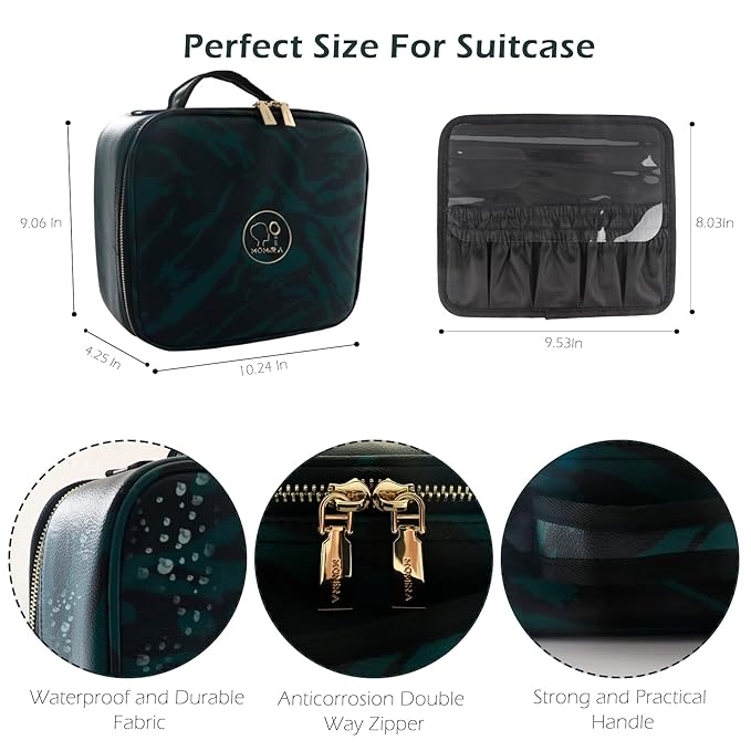 MOMIRA Makeup Bag with Mirror and Light Travel Makeup Train Case Cosmetic Organizer Portable Artist Storage Bag with Adjustable Dividers Makeup Brushes Storage Organizer Zebra-Green