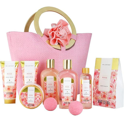 Spa Luxetique Spa Gift Set, Bath Gift Set for Women, 10 Pcs Rose Bath Set, Pink Tote Gift Bag with Shower Gel, Bubble Bath, Body Lotion, Hand Cream, Christmas Beauty Gifts for Women
