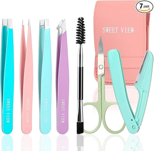 7pcs Eyebrow Tweezers Kit for Women Precision Plucker with Brow Scissors & Razor & Spoolie for Facial, Chin, Brow, Splinter and Ingrown Hair