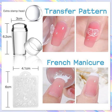 Biutee Nail Stamper Kit 12Pcs Nail Art Stamping Plate 8 Colors Stamp Polish Gel with Top Coat and Base Coat Set Silicone Stamper Scraper, Nail Stamp Plates Love Flower Butterfly Leaf Valentine Design