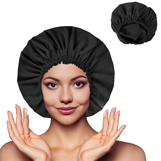 Shower Cap for Women, Double Layer Waterproof Bath Cap, Reusable Hair Protector, Large Waterproof Shower Bonnet Washable Elastic Band Bath Hair Hat for Long Hair, Braids，Black