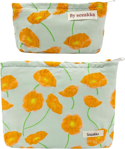 2 Pcs Makeup Bags, Large Cosmetic Bag Travel Toiletry Bag Organizer for Women, Embroidery Craft, Floral Makeup Bag Small Cosmetic Pouch Purse with Zipper Gifts for Girls Teen