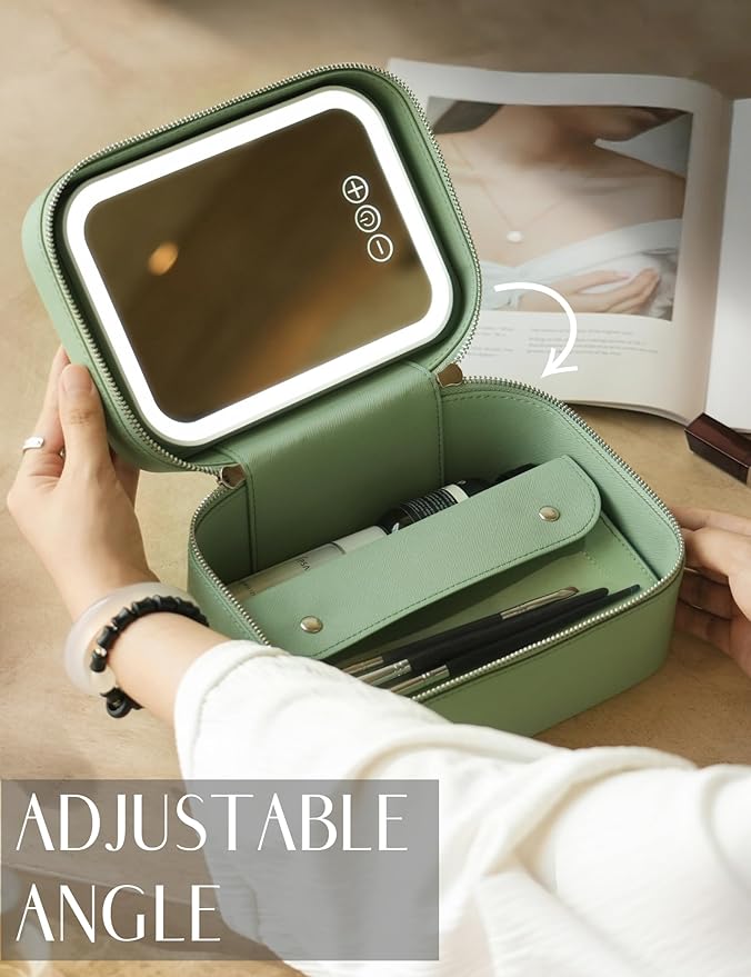 Popvibe Travel Vanity Case with Mirror and Light, Compact Traveling Makeup Bag Set with Brush Holder, Sage Green Leather Cosmetic Case Lighted Up Makeup Vanity Bag Portable Make Up Box Train Case Cute